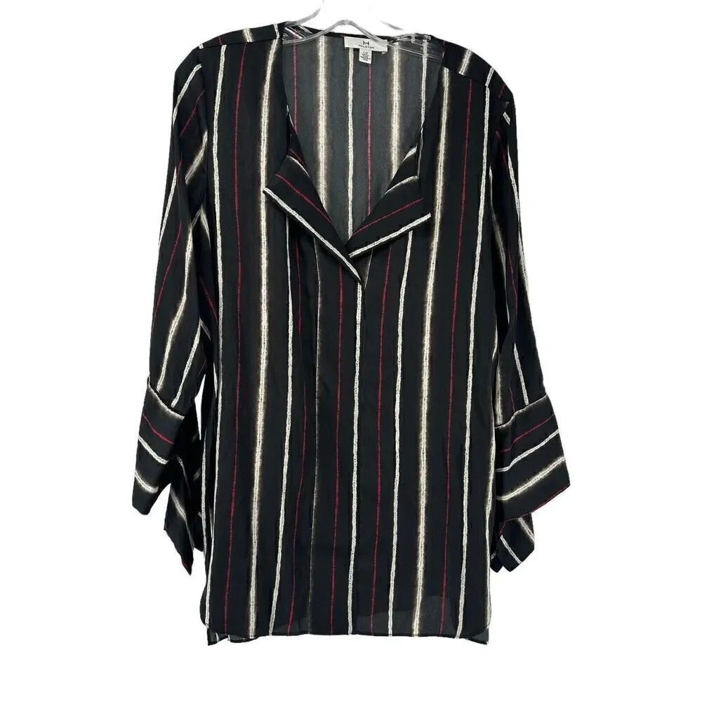 H by Halston Blouse Black Striped V Neck Long Sleeve Flare Cuffs Size L Silky